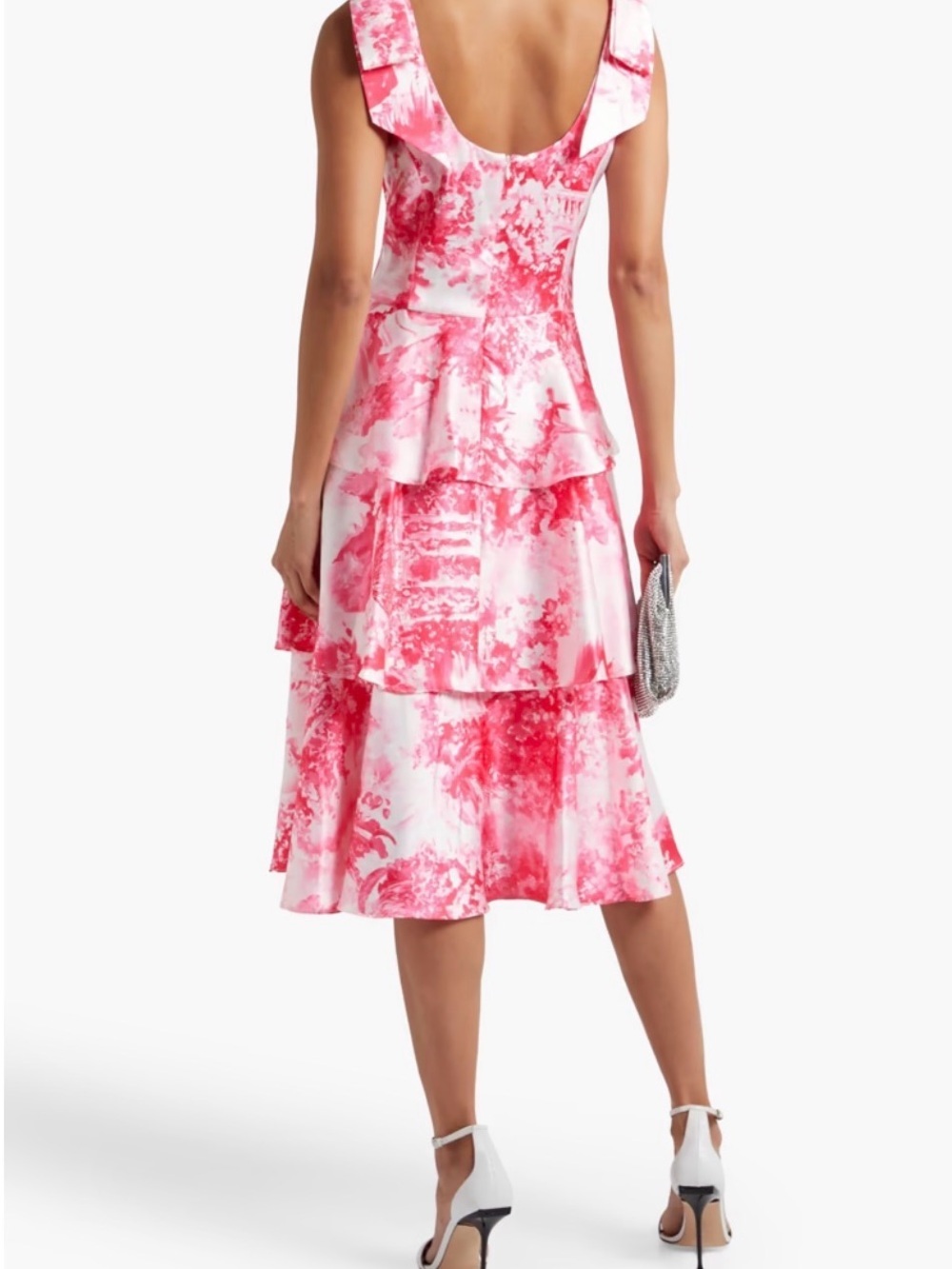 NWT MARCHESA NOTTE Bow-embellished tiered printed satin dress - Picture 12 of 14